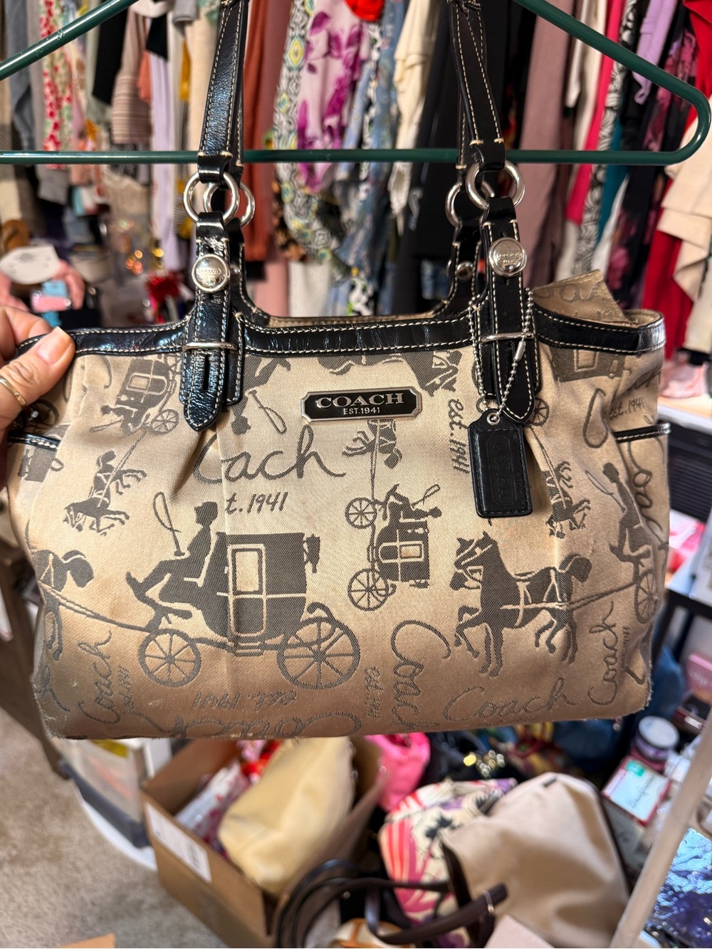 COACH Beige and Black Signature Horse & Carriage Shoulder Bag with hang tag